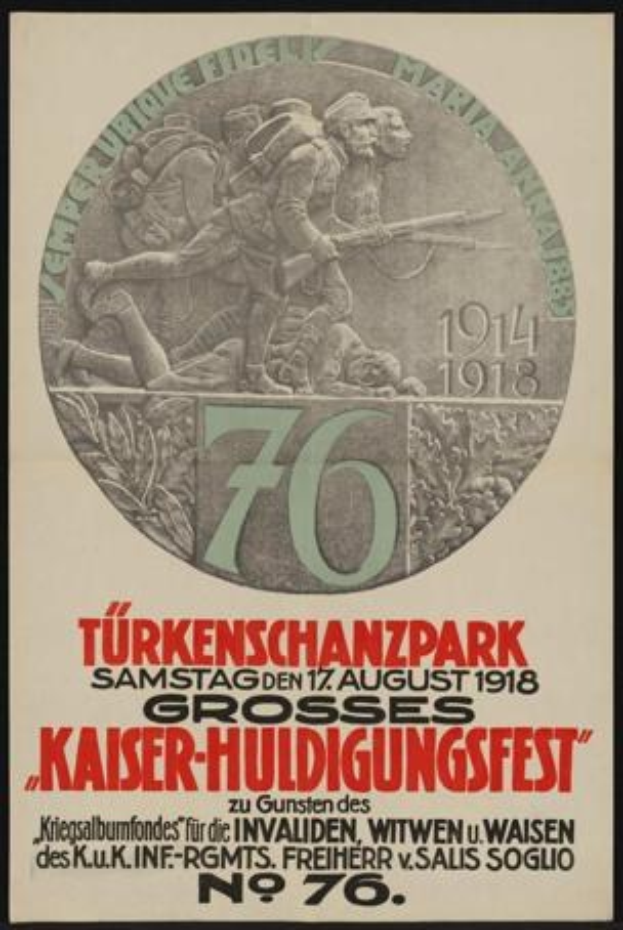 Plakat für das 70-j├Ąhrige Jubil├Ąum des Kaiser-Huldigungsfestes in Berlin, Deutschland, mit einer Gruppe von Menschen in der Mitte, eingerahmt von klassischem Text und Zahlen.