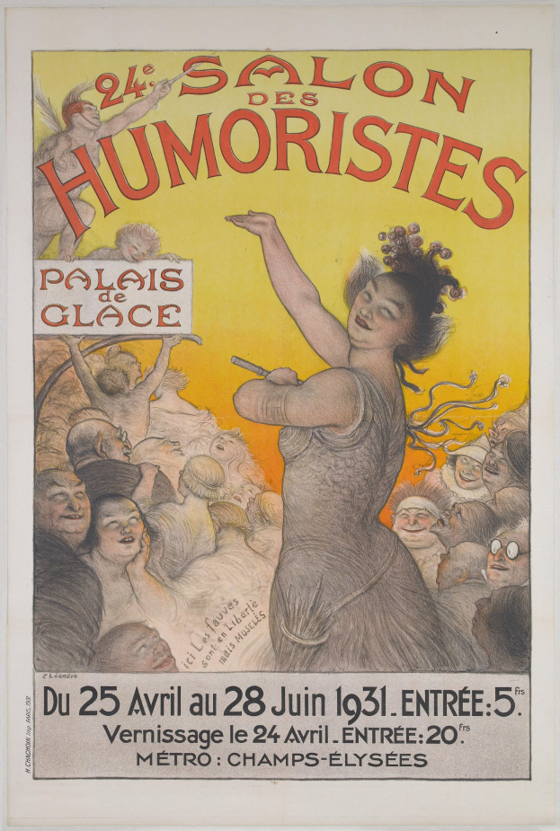 Plakat für den Salon des Humoristes in Paris, das eine Frau inmitten einer Menge zeigt, mit Text zur Beschreibung des Ereignisses.