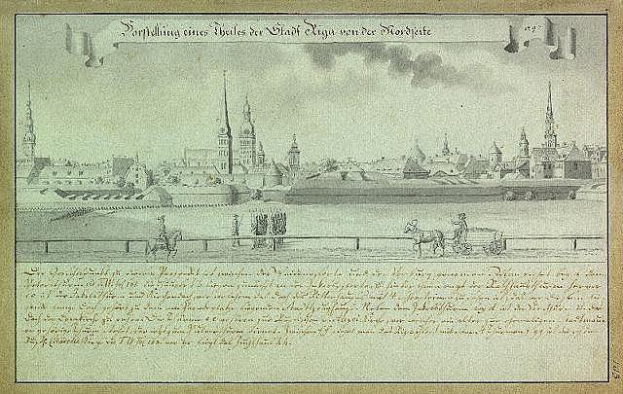 Eine Zeichnung einer Stadtlandschaft mit einer Kutsche im Vordergrund, die die Belagerung von Hamburg, Deutschland, darstellt, mit Text, der die Ereignisse der Belagerung beschreibt, auf dem Papier.