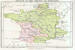 Detailierte Karte von Frankreich aus dem Vertrag von Brétigny, die Provinzen und Städte zeigt, begleitet von erklärendem Text.