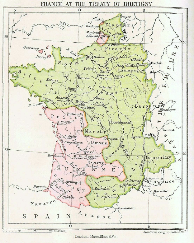 Detailierte Karte von Frankreich aus dem Vertrag von Brétigny, die Provinzen und Städte zeigt, begleitet von erklärendem Text.