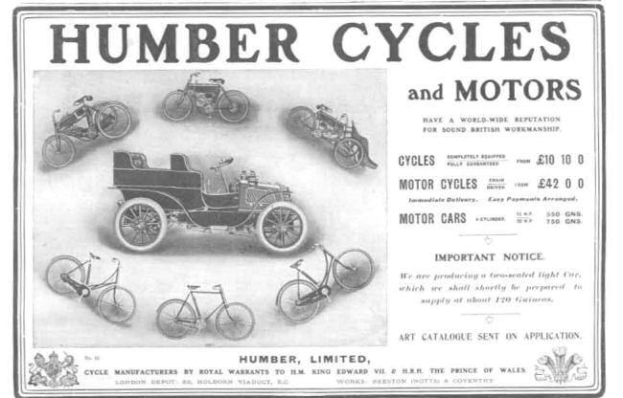 Werbung für Humber Cycles and Motors mit verschiedenen Fahrzeugen und Fahrrädern