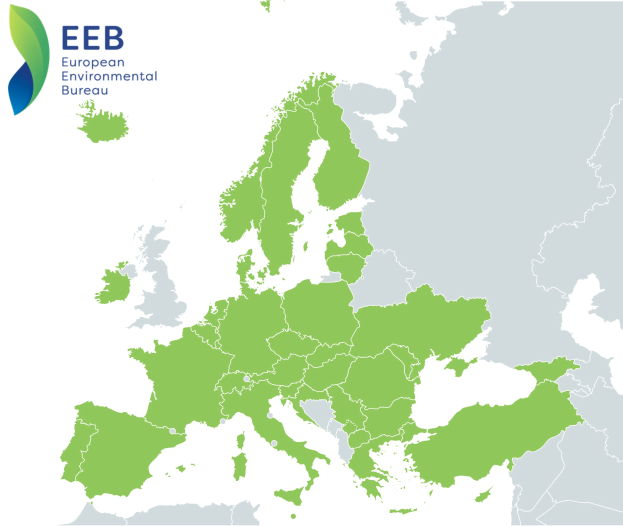 Eine Europakarte mit dem Logo der European Environmental Bureau in der linken oberen Ecke, die in verschiedenen Grüntönen schattiert ist, um EU-Regionen anzuzeigen.