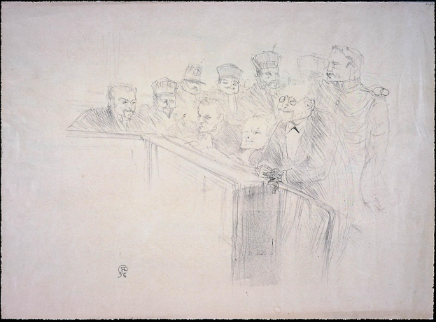 Schwarz-weiß-Zeichnung eines Gerichtsprozesses mit einer Gruppe von Menschen, die an einem unordentlichen Tisch sitzen, einige sehen ernst oder besorgt aus.