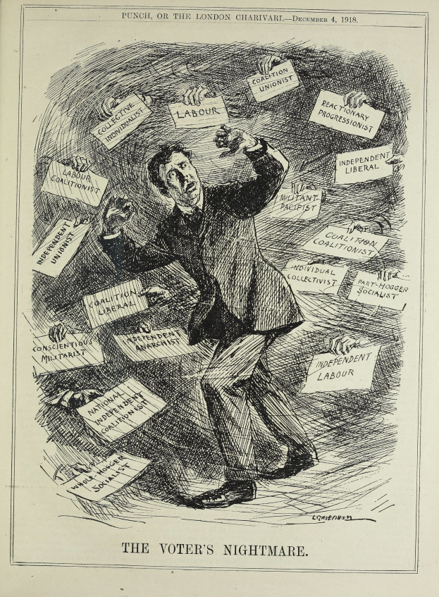 Ein Blatt Papier mit einer Zeichnung eines Mannes in Anzug und Krawatte, der ein Schild mit der Aufschrift "The Voter's Nightmare" in fetter Schrift hält.