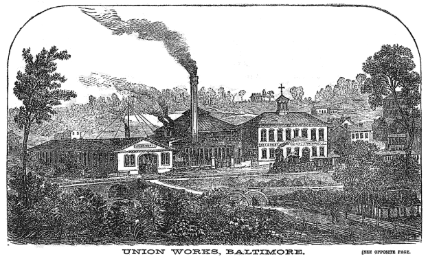 Eine Schwarz-Weiß-Zeichnung der Union Works in Baltimore, Maryland, mit mehreren Gebäuden, Bäumen und Rauch im Hintergrund und Text unten.