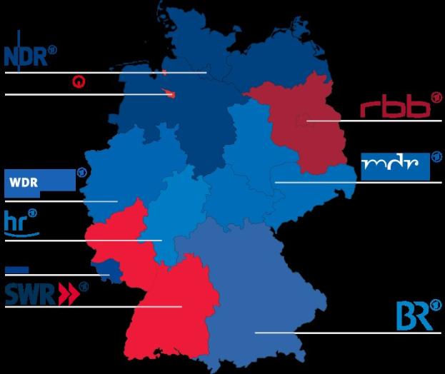 Karte von Deutschland mit roten und blauen Provinzen, die die Ergebnisse der Wahl von 2016 anzeigen, einschließlich der Namen der Kandidaten und des Wahltermins.