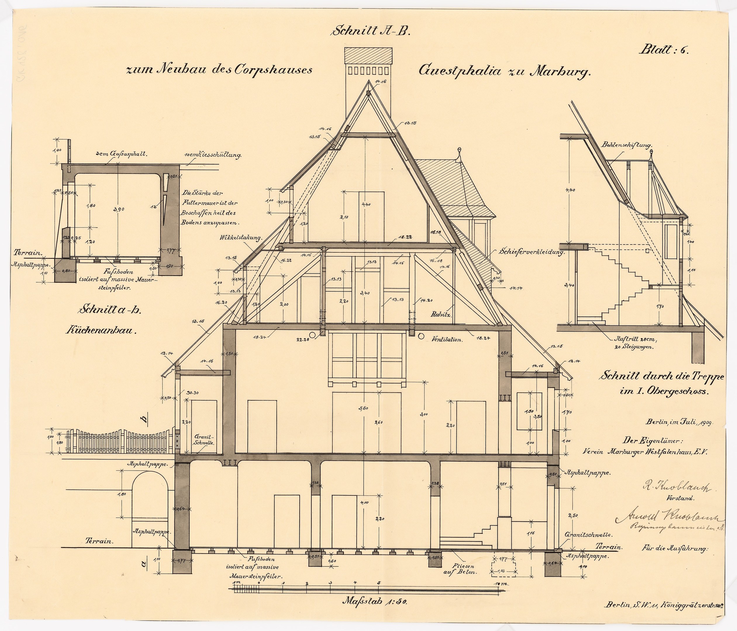 Ein detailliertes architektonisches Zeichnung eines Hauses mit zahlreichen Fenstern und einem Dach, identifiziert als das erste Haus in Deutschland, begleitet von Plänen und Text, der seine Struktur beschreibt.