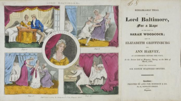 Ein historisches Dokument, das einen Prozess von Lord Baltimore wegen Vergewaltigung zeigt, mit Illustrationen von Menschen, Vorhängen und Text.