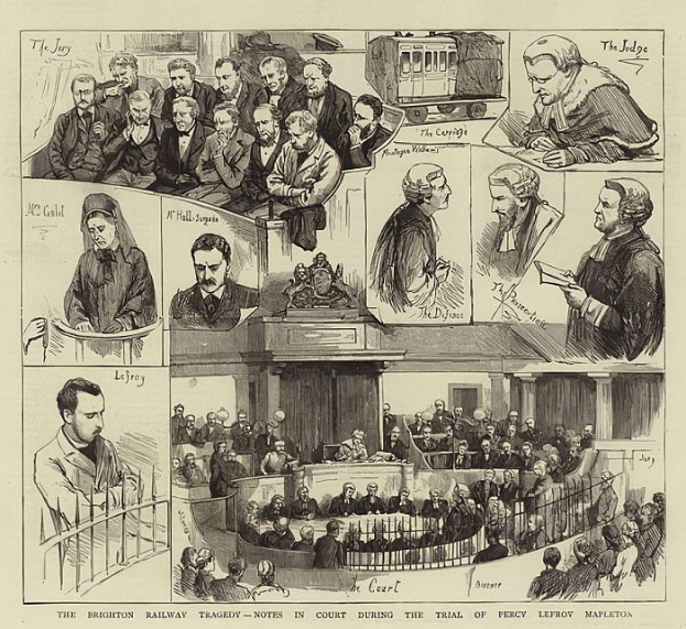 Schwarzes und weißes Gerichtsszenario mit einer stehenden Person, die ein Buch hält, sitzenden Zuschauern und einem Zug, der durch ein Fenster zu sehen ist, betitelt mit "The Brighton Railway Tragedy - Court Notes During the Trial of Percy Leffroy Mapleton."