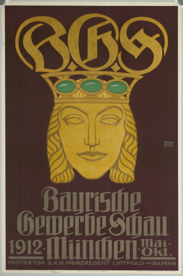 Ein Plakat zum Bayerischen Oktoberfest in München, Deutschland, das ein Gesicht mit einer Krone darauf zeigt, umgeben von Text.