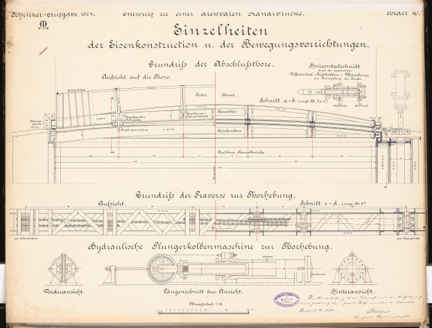 Ein altes Buch mit einer detaillierten Zeichnung eines Zuges, einschließlich seines Motors, Getriebes und anderer Komponenten, sowie begleitendem Text.