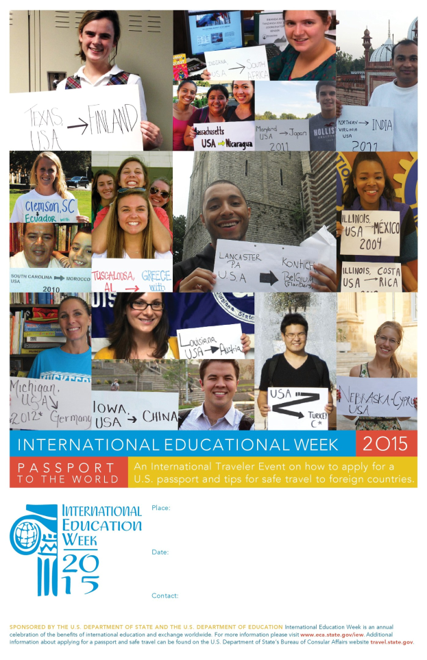 Plakat für die Internationale Bildungswoche 2015 mit einer Gruppe strahlender Menschen, die Schilder mit textbezogenen Ereignissen halten.