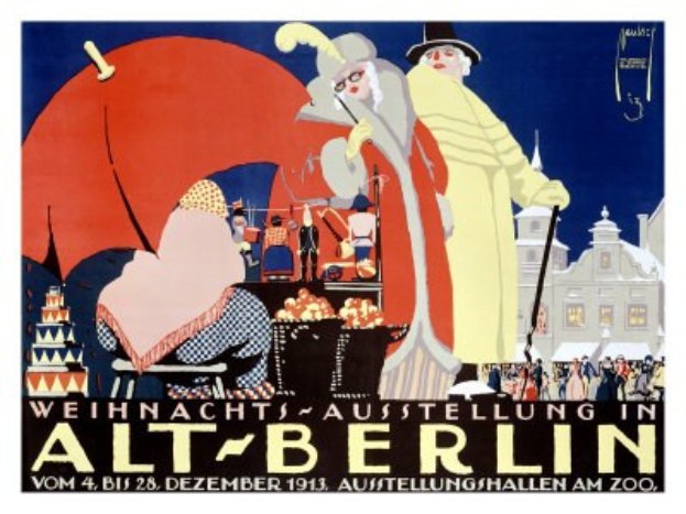 Plakat, das eine Weihnachtsausstellung in altem Berlin ankündigt, mit leuchtenden Illustrationen von Menschen, Gebäuden und Gegenständen und der Aufschrift "Weihnachts Ausstellung in Alt-Berlin" oben.