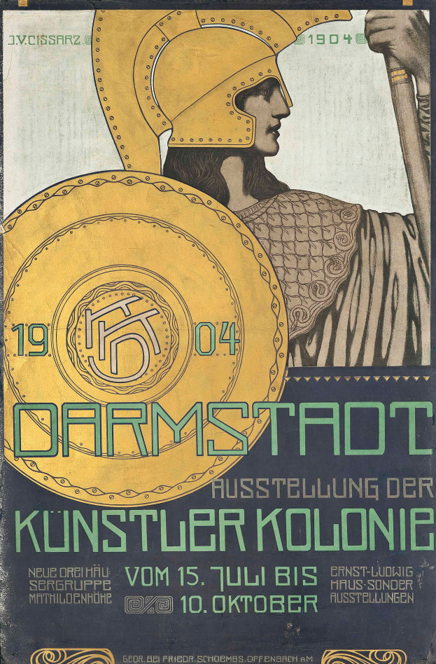 Plakatankündigung eines Konzerts in Berlin, Deutschland im Jahr 1904 mit einer Person in einem Helm, die ein Schild hält, und 'Darmstadt' und 'Künstlerkolonie' in fetter Schrift.
