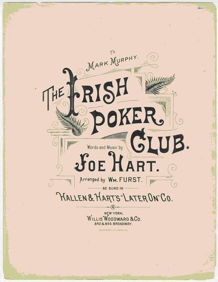 Plakat mit "The Irish Poker Club" in fetter schwarzer Schrift auf einem weißen Hintergrund, eingerahmt von einem dünnen schwarzen Rand, mit einer bunten Kleeblatt-Illustration.
