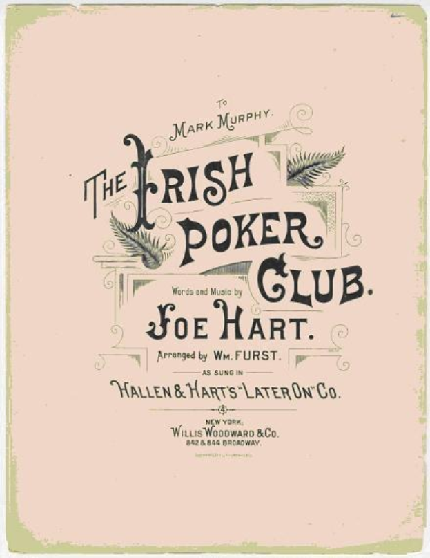 Plakat mit "The Irish Poker Club" in fetter schwarzer Schrift auf einem weißen Hintergrund, eingerahmt von einem dünnen schwarzen Rand, mit einer bunten Kleeblatt-Illustration.