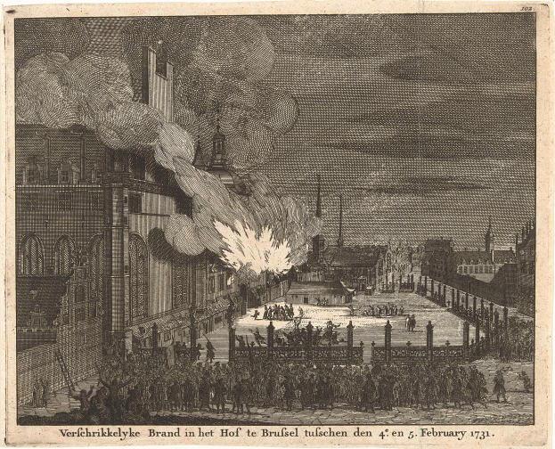 Eine Schwarz-Weiß-Zeichnung einer Stadtstraße mit einem Feuer in der Mitte, umgeben von Gebäuden, Menschen, Polen und Rauch, mit Text unten.