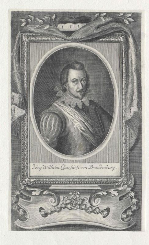 Schwarz-weißes Kupferstichbild von Jorg Wilhelm Cauphort von Brandenburg in einem Anzug und Krawatte, gerahmt mit Text unten.