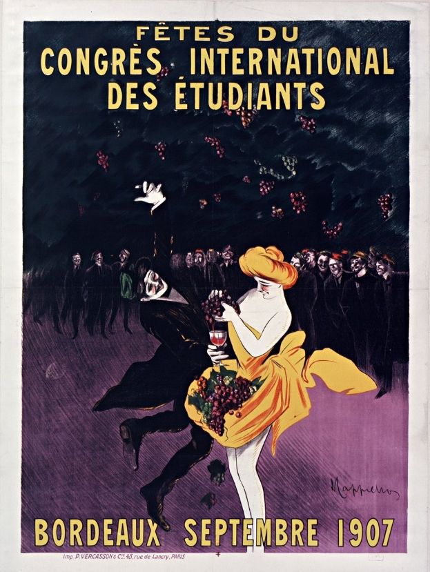 Plakat aus dem Jahr 1907, das ein Weinprobe-Event in Bordeaux, Frankreich, bewirbt, mit einer Frau in einem gelben Kleid, die ein Weinglas hält, umgeben von einer Menge.