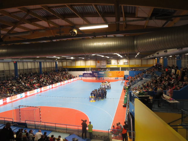 Großer Hallensportplatz mit Zuschauern bei einem Handballspiel, mit Sitzplätzen und Stehplätzen, einem Netz auf der linken Seite, Texttafeln im Hintergrund und Beleuchtung und Rohren überkopf.