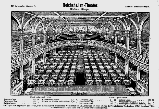 Schwarzes und weißes architektonisches Zeichnung des Reichshallen-Theaters in Berlin, das Sitzreihen, Säulen und eine Decke mit Text am Boden zeigt.