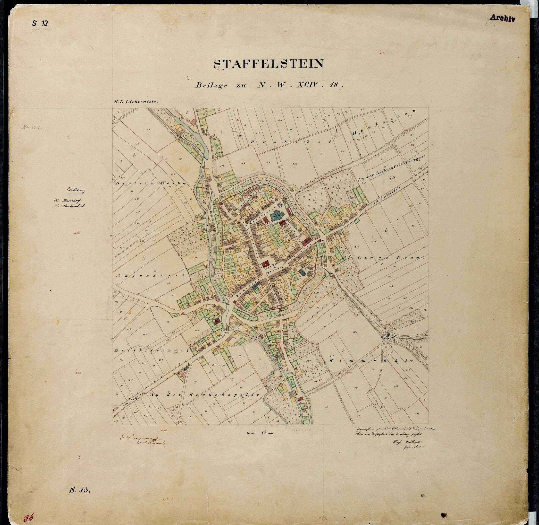 Alte detaillierte Karte von Staffelstein, Deutschland, mit Straßen, Gebäuden und Sehenswürdigkeiten auf schwarzem Hintergrund.