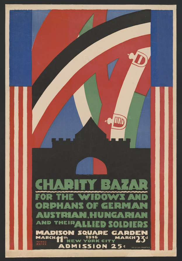 Plakat für den Wohltätigkeitsbasar der Witwen und Waisen deutscher, australischer, ungarischer und alliierter Soldaten mit Text zu den Veranstaltung Details.