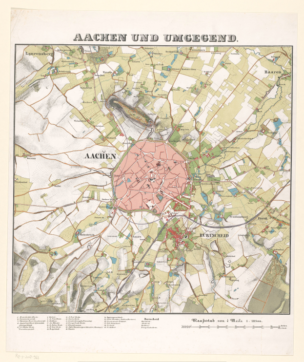 Ein detailliertes altes Stadtplan von Aachen, Deutschland, zeigt Straßen, Gebäude und Sehenswürdigkeiten mit Text oben und unten auf dem Papier.