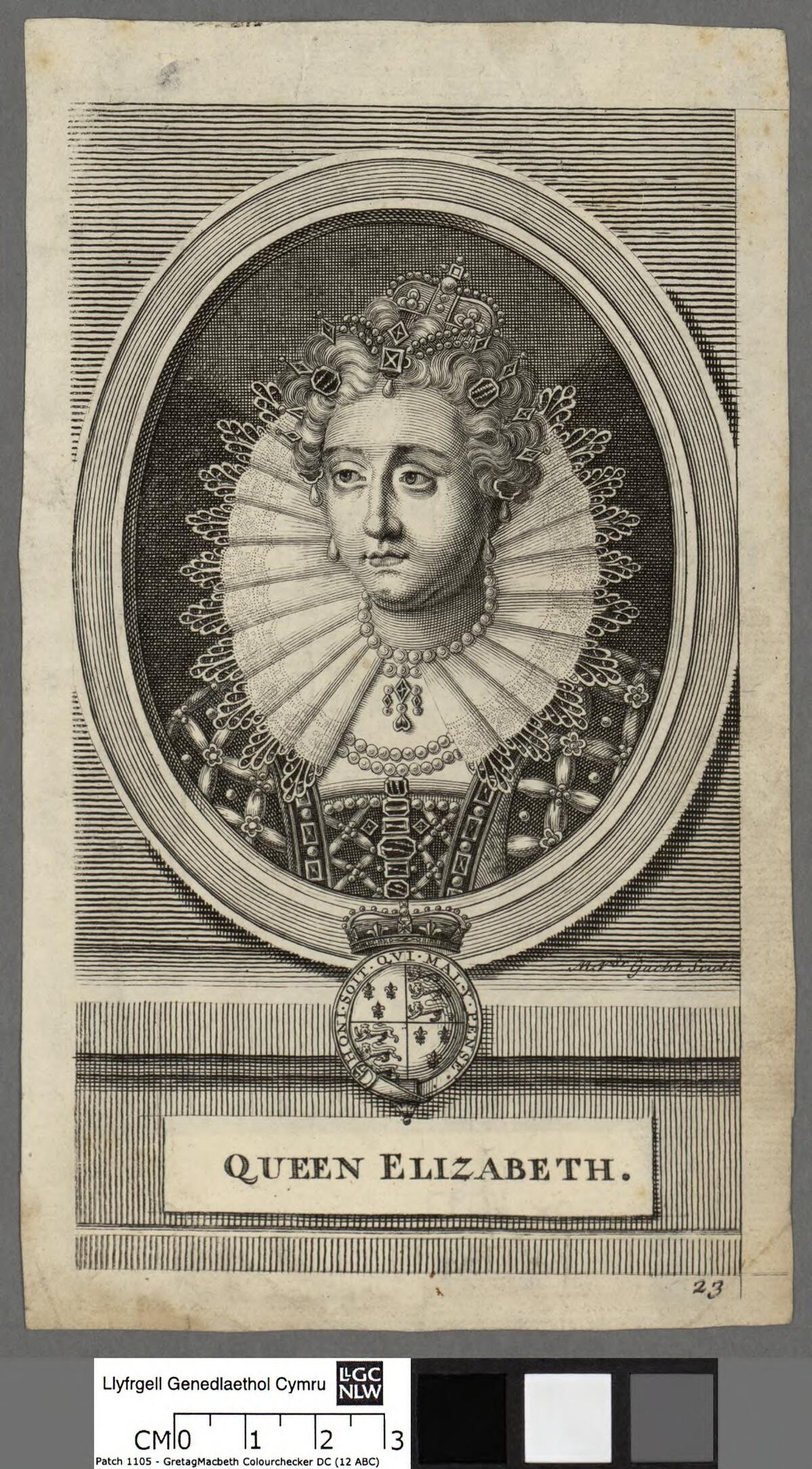 Porträt der Königin Elizabeth I. von England in königlicher Kleidung mit Krone und Tiara, grauer Hintergrund, feine Gesichtsmerkmale und würdevoller Ausdruck.