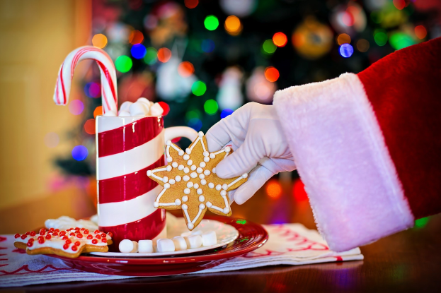 Eine Person mit einem Santa Claus Hut hält einen Becher heißer Schokolade und einen Bonbonstiel in der Hand und hat einen Teller mit Plötzchen und ein Tuch auf dem Tisch vor sich. Im Hintergrund ist ein Weihnachtsbaum und eine Wand zu sehen.