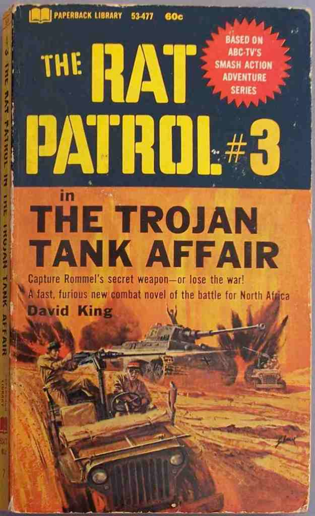 Ein Buchumschlag mit Armee-Panzern und Jeeps in einer Kriegs-Szene mit Text "{u ber der Illustration.