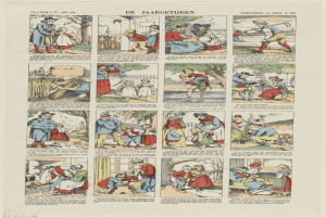 Cartoon-Illustration eines Mannes, der einer Frau etwas erklärt, umgeben von spielerischem Text und Bildern auf einer Buchseite.