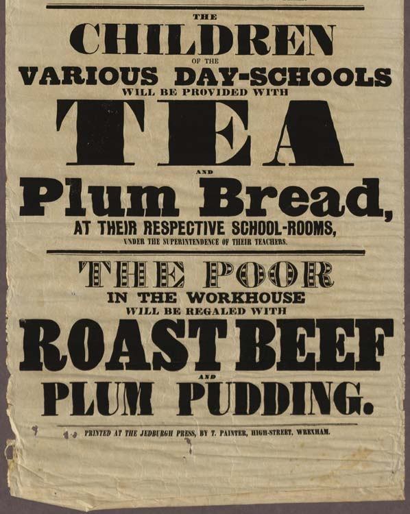 Ein Blatt mit Text, das ankündigt, dass Kinder aus verschiedenen Tagesschulen Tee, Pflaumenbrot, Rinderbraten und Pflaumenpudding erhalten werden.