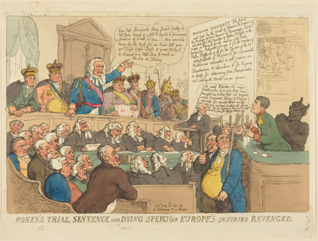 Eine Karikatur eines Gerichtssaals mit einer Gruppe von Menschen, die auf Stühlen sitzen und ein Mann in der Mitte steht, ein Tisch mit verschiedenen Gegenständen auf der rechten Seite und Text unten, der "Boney's Trial, Sentence, and Dying Speech Europe's Injuries Revenged" lautet.