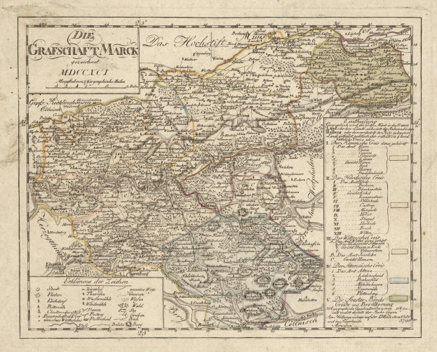 Ein detailliertes altes Stadtplan von München, Deutschland, mit Straßen, Parks, Flüssen und Sehenswürdigkeiten, umrahmt von einem prächtigen blau-grün-gelben Rand.