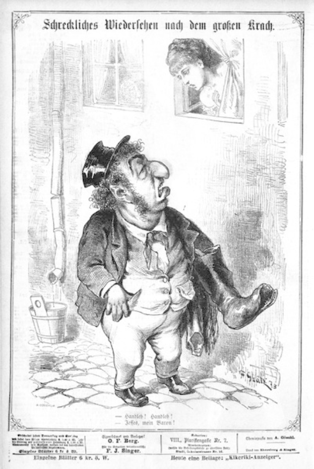 Cartoon-Illustration eines Mannes mit Zylinder und einer Frau in einem Kleid, mit einer Wand, einem Fenster, einem Eimer und anderen Gegenständen im Hintergrund, mit Text unten, der lautet "F. J. Singer, der erste deutsche Politiker, der in den Kongress gewählt wurde."