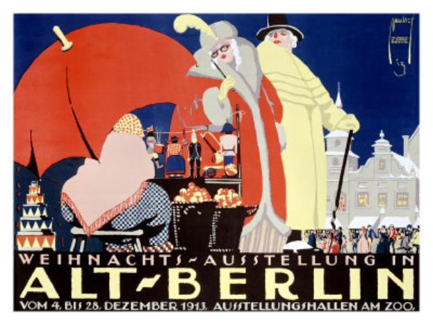 Plakatankündigung für eine Zirkusveranstaltung in Berlin, Deutschland, mit einer farbenfrohen Illustration von Menschen, Gebäuden und Gegenständen und der Aufschrift "Weihnachtsausstellung in Alt-Berlin" oben drauf.