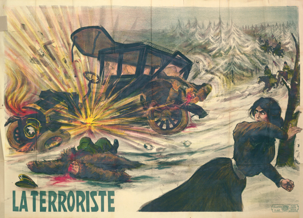 Ein Filmplakat für "La Terroriste" mit einer chaotischen Szene mit Menschen, Fahrzeugen, Bäumen und verschiedenen Gegenständen vor einem Hintergrund aus leuchtenden Farben und großer Schrift.