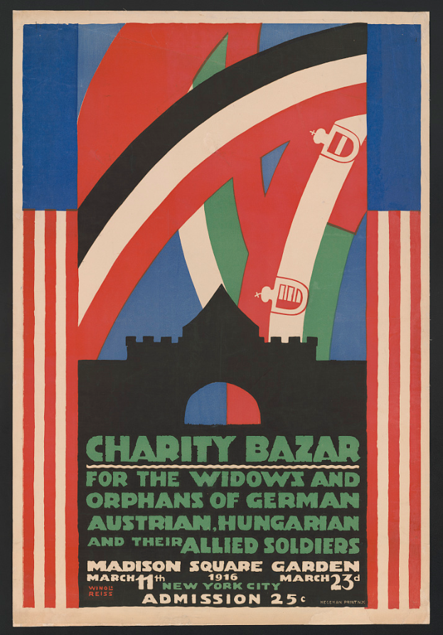 Ein Plakat für einen Wohltätigkeitsbasar, der die Witwen und Waisen von Soldaten verschiedener Nationen unterstützt, mit Text, der das Ereignis beschreibt.