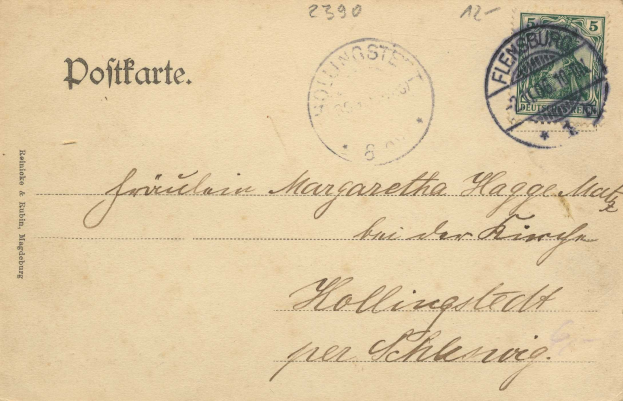 Alte Postkarte mit einem deutschen Stempel mit der Aufschrift "Hollingstadt" und der Nummer "2390."