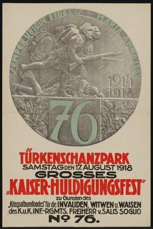 Plakat zum 70. Jubiläum des Kaiser-Huldigungsfestes in Berlin, Deutschland, mit einer Gruppe von Menschen, umgeben von Text und Zahlen in einem Rahmen.