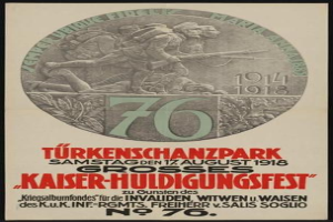 Plakat zum 70. Jubiläum des Kaiser-Huldigungsfestes in Berlin, Deutschland, mit einer Gruppe von Menschen, umgeben von Text und Zahlen in einem Rahmen.