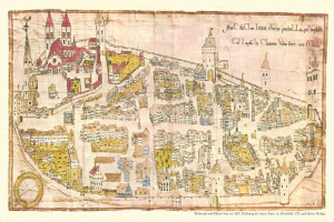 Ein detaillierter alter Stadtplan von Köln, Deutschland, der Straßen, Gebäude, Sehenswürdigkeiten und Text enthält, der Informationen über die Bevölkerung, Sehenswürdigkeiten und Straßen der Stadt bereitstellt.