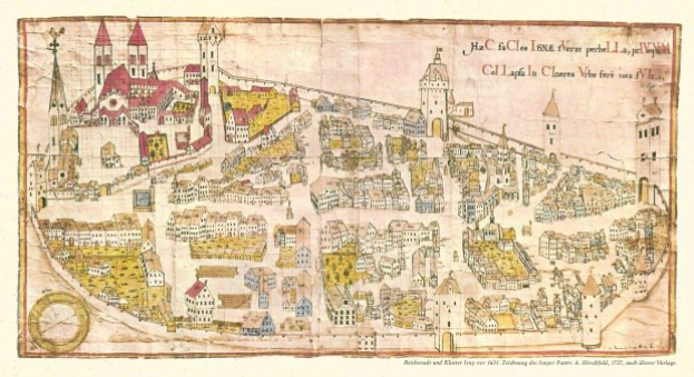 Ein detaillierter alter Stadtplan von Köln, Deutschland, der Straßen, Gebäude, Sehenswürdigkeiten und Text enthält, der Informationen über die Bevölkerung, Sehenswürdigkeiten und Straßen der Stadt bereitstellt.