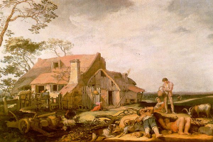 Ein Gemälde namens 'Die Farmerin' von Jan Brueghel dem Älteren zeigt einen Mann und eine Frau vor einem Reetdachhaus, umgeben von verschiedenen Tieren, einem Wagen, einem hölzernen Zaun, Bäumen und einem bewölkten Himmel.