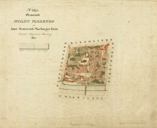 Detailierte alte Karte von Stadt Marburg mit Straßen, Gebäuden und Sehenswürdigkeiten mit beschreibendem Text.