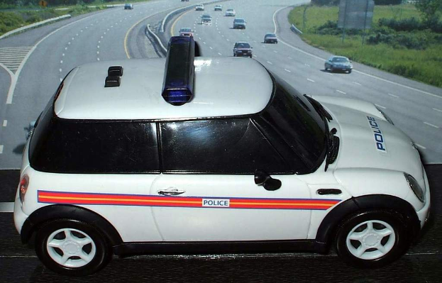 Ein weißer Polizeiwagen ist im Vordergrund geparkt, mit vielen Autos, die sich auf der Straße dahinter bewegen, umgeben von Gras und Bäumen auf beiden Seiten, in einer ländlichen Umgebung.