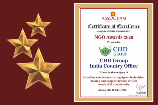Auszeichnung 'Certificate of excellence' für die Ngo Awards 2020 an Chd Group India Country Office, mit einem Schild-Logo mit einem zentralen Stern und einem Lorbeerkranz.