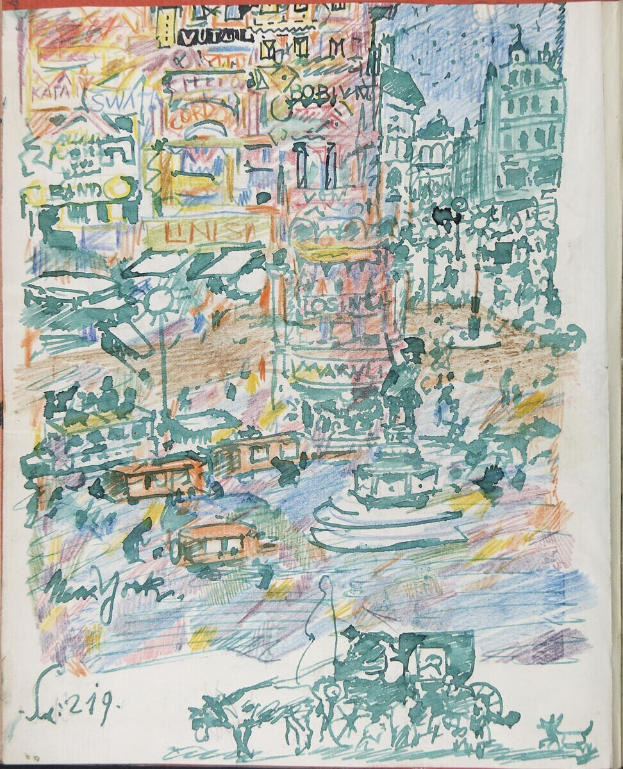 Ein Buchumschlag mit einer detaillierten Stadtlandschaft-Illustration mit Gebäuden, Fahrzeugen, Menschen und einem Brunnen, begleitet von Text.
